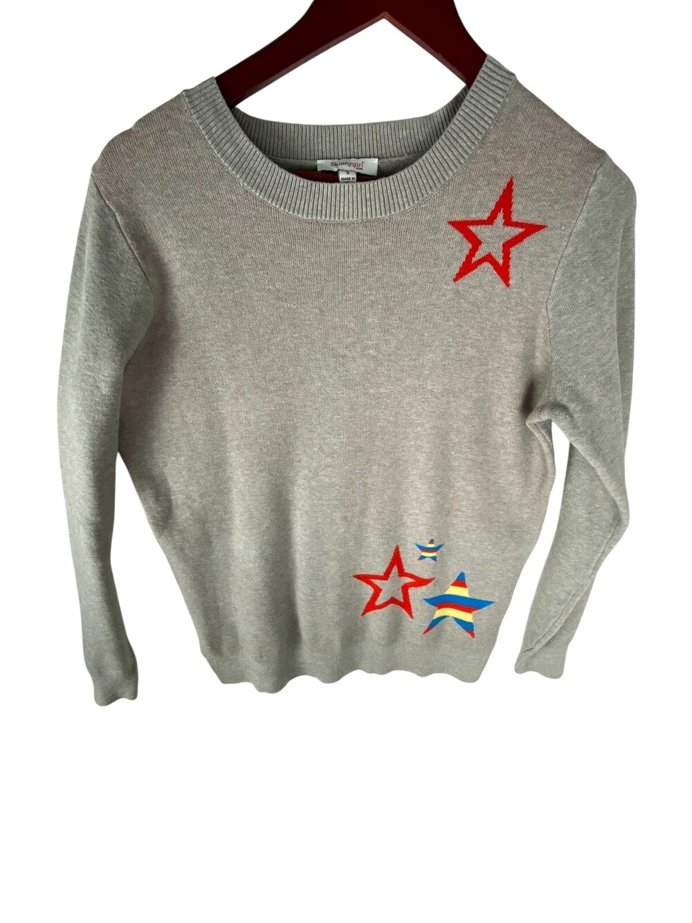 Skinnygirl Sweater Women's Small Gray Star Graphic Long Sleeve Rib Neck Pullover